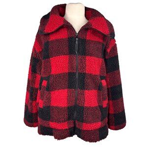 Roots Women's Buffalo Plaid Sherpa Fleece Zip Jacket Red Black Size Small
